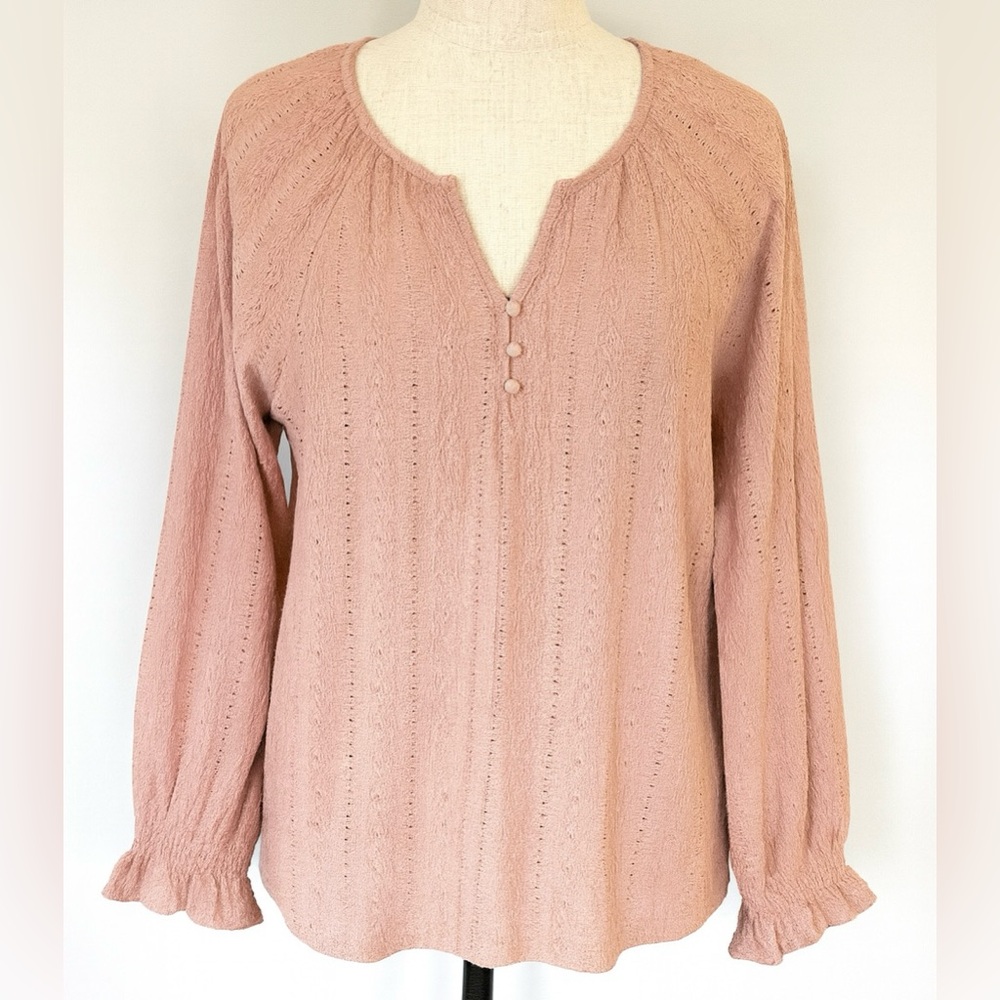 Frye Women’s XL Pink Textured Knit Boho Peasant Blouse Top Long Sleeve